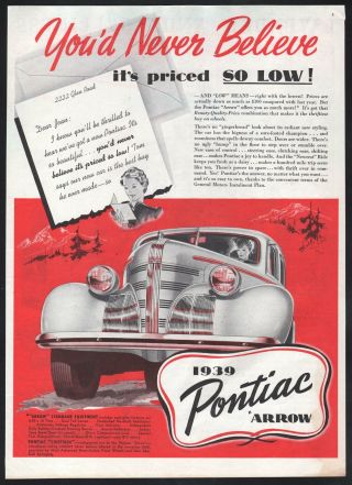 1939 Canadian Pontiac Ad Pontiac Arrow 4 - Door Sedan