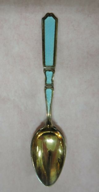 1915 Sterling Guilloche Blue Enamel Demitasse Spoon - Lion Anchor Hallmark - H 522