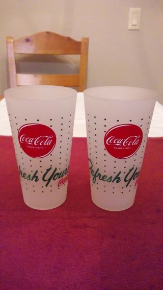 Vintage Coca Cola " Refresh Yourself " White Hard Plastic Glasses (2)