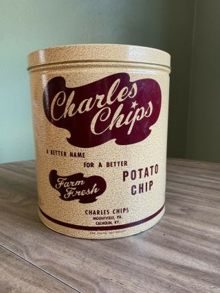 Vintage Charles Chips Metal Tin Can Potato Chip Canister