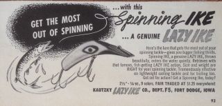 Vintage 1953 Ad (odl15) Kautzky Lazy Ike Fishing Lure,  Fort Dodge,  Iowa.