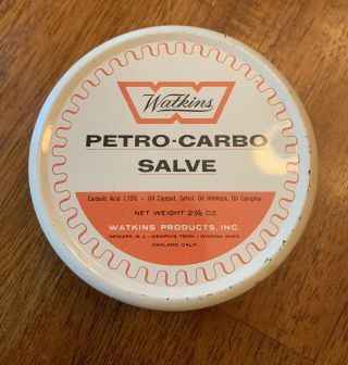 Vintage Watkins Petro - Carbo Salve 5 Oz In Round Tin
