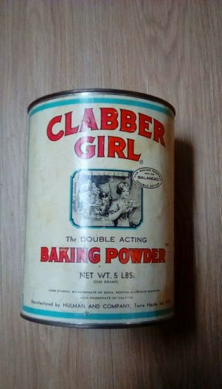 Vint.  Empty 5 Lb.  Clabber Girl Baking Powder Tin,  Small Dent On Side,  Good Cond.