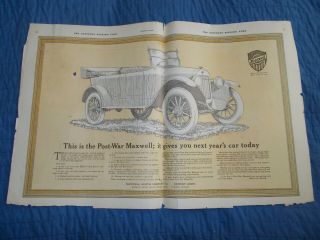 1919 Two Page Vintage Maxwell Car Ad World War 1 Wwi Ww1 Motor Detroit Clipping