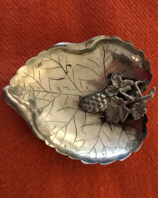 Peruvian Silver Leaf Shaped Ashtraly With Grape Cluster Base Metal Decoration