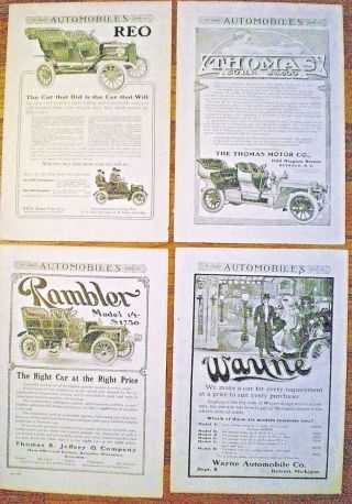 1906 Car Ads The Reo,  The Wayne,  The Rambler,  The Thomas 4 Diff Ads