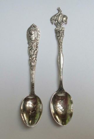 2 Small Antique Sterling Silver Souvenir Spoons,  Indian And Cowboys Montana.