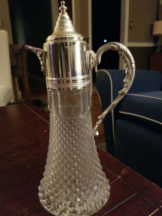 Antique Silver Plated Top Cut Glass Wine Or Water Pitcher,  Vase,  Decanter,  Decor