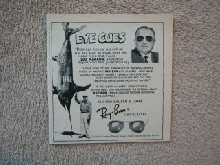 Vintage 1954 Ray - Ban Sun Glasses Lou Marron Deep Sea Swordfish Fishing Print Ad