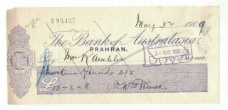 1909 Australia The Bank Of Australasia Prahran Cheque No.  93427