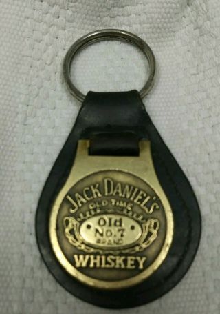 Vintage Jack Daniels Whiskey Brass Key Chain Fob No.  7 Black Leather Backing