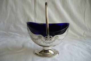 Antique / Vintage Oval Blue Glass Lined Silver Plated Sugar Bowl.