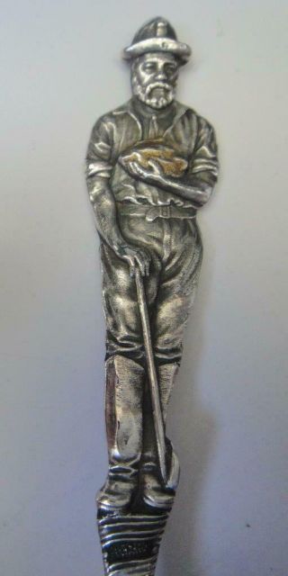 Antique Small Sterling Silver Souvenir Spoon,  Full Figural Miner Handle,  B.  C.