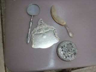 Vintage Crumb Brush Set Dust Pan Tray Magnify Glass Jar