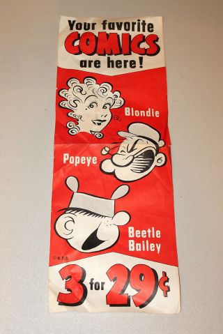 Popeye,  Blondie Very Rare Comic Pack Store Display Poster 1960’s King Comics