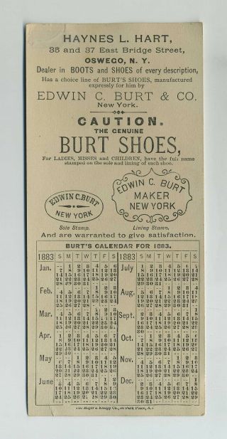 1883 Calendar Bookmark Advertising Trade Card Burt Shoes Hart Oswego NY wz5047 2