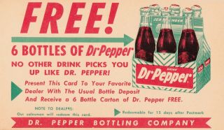 Dr.  Pepper - " 6 - Bottle Carton " Advertising 1950s Postcard