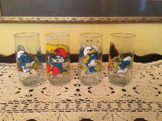 Vintage 1982 Smurf Glasses (tumblers) Set Of 4 -