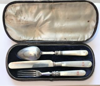 Antique William Hutton Silver Plate Knife,  Fork & Spoon Mother Of Pearl Handles
