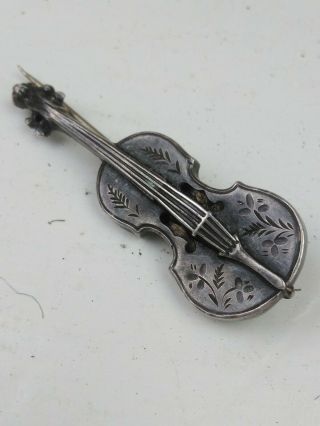 Antique Victorian Hallmarked Birmingham 1892 Silver Violin Brooch (no Clasp)