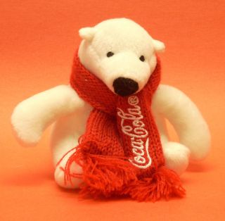 Coca - Cola 5 " Plushy Polar Bear With Red Knit Scarf