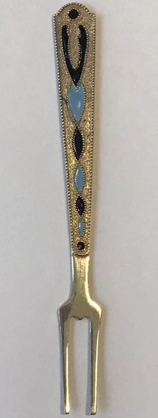 Russian Soviet Era Blue Cloisonné Enamel Gilt 875 Silver 2 Prong Cocktail Fork