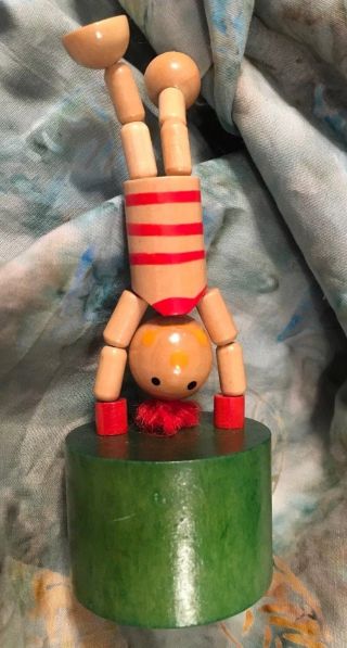 Vintage Wooden Hand - Painted PUSH - UP Press Action Red - Head PUPPET TOY 2