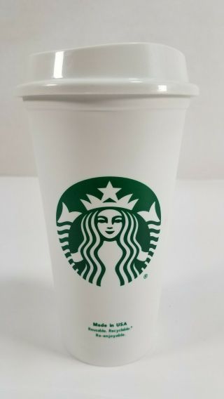 2014 Starbucks Reusable To - Go Cup Classic Logo White Plastic Tumbler Hot Cold