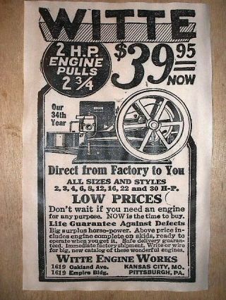 (255) Vintage Reprint Advert Witte 1919 Gas Engine Hit & Miss 11 " X17 "