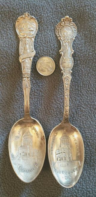 2 Different Sterling Marked President Garfield Monument Antique Spoons