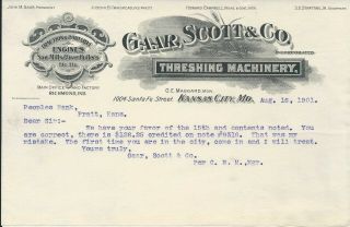 1901 Kansas City Mo Gaar,  Scott & Co Threshing Machinery Letterhead C E Maggard