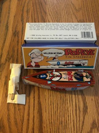 1996 Vintage Schilling Assoc.  Popeye The Sailor Man Wind Up Tin Speedboat Boat