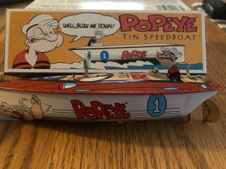 1996 Vintage Schilling Assoc.  Popeye the Sailor Man Wind Up Tin Speedboat Boat 3
