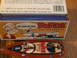 1996 Vintage Schilling Assoc.  Popeye the Sailor Man Wind Up Tin Speedboat Boat 4