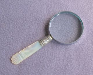 Vintage Antique Mother Of Pearl Handled Silver Plate Magnifying Glass