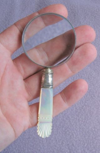 Vintage Antique Mother of Pearl Handled Silver Plate Magnifying Glass 2