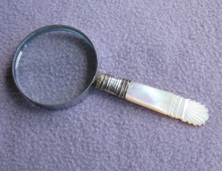 Vintage Antique Mother of Pearl Handled Silver Plate Magnifying Glass 4