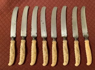 Antique 8 Landers Frary & Clark Knives Set Carved Ivory Like Celluloid Handles