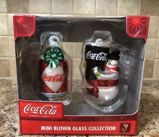 Coca - Cola Mini Blown Glass Ornament Set Of 2 Coke Can Snowman Holding Coke