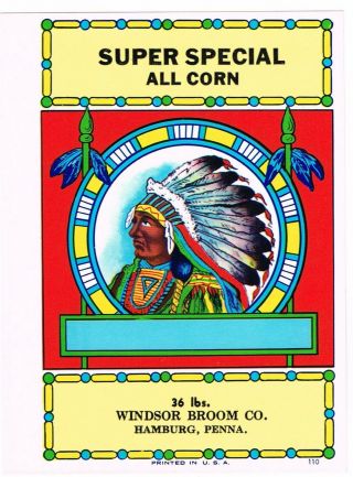 Broom Label Vintage 1950s Native American Indian Chief Hamburg Special