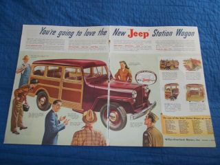 1946 2 Page Car Ad Vintage Jeep Willy Knight Overland Station Wagon Door Push