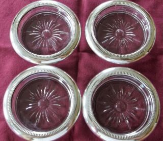Vtg Set Of 4 Clear Crystal Glass With Silverplate Rims Drink Coasters Ashtrays