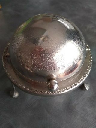 Antique Silver Plated Roll Top Domed Butter Dish With Ball Feet.  Glass Insert.