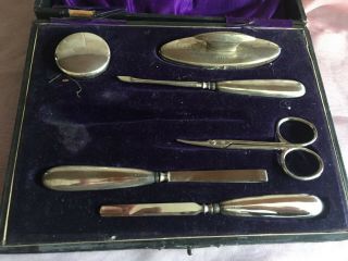 Vintage Silverplated Handled Manicure Set In Their Box
