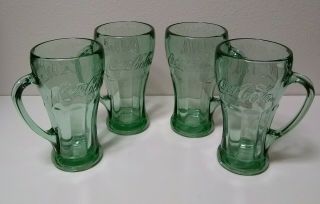 (4) - Set Of Coca - Cola,  Green Tint Glass/mug (14.  5 Ounce).  Libbey,  Made In Usa.