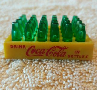 Vintage Very Old Miniature Yellow Plastic Coca Cola Case With 24 Green Bottles