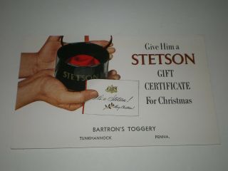 Vintage Adv.  Card/stetson Hat For Xmas/bartrons Toggery /tunkhannock,  Pa.
