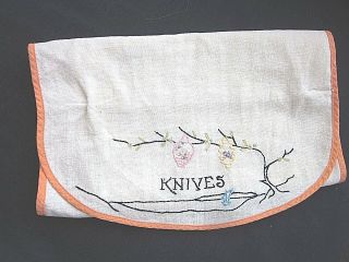 Antique Embroidered Linen Dinner Knife Roll Up Holder Storage Wrap 12 Section