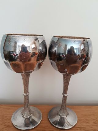 2 Splendid Vintage Silver Plated Goblet Cups Marked M&r.  17cm Lovely Bark Stems.