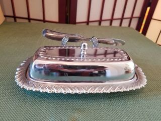 Vintage Irvinware Silver Plated Butter Dish With Knife & Glass Insert